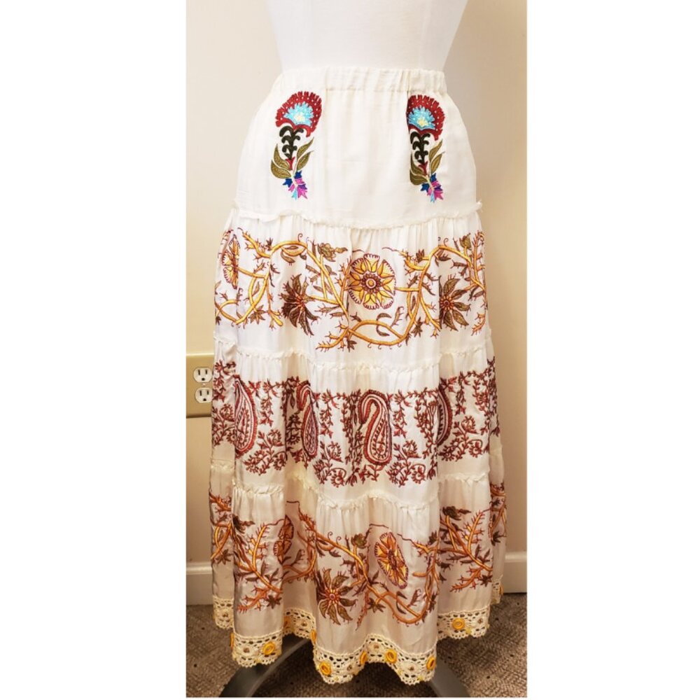 ANNA PAUL Embroidered 100% Silk A-line Midi Skirt Size- L Cream/Multicolor